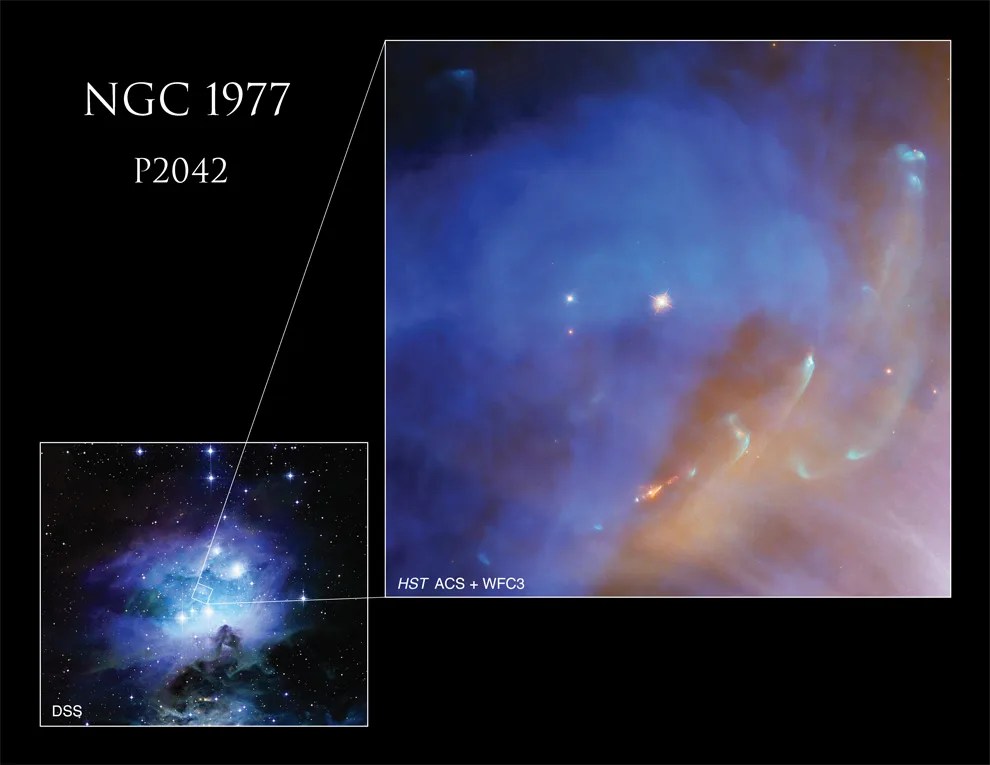 lower left: bright blue nebula with wisps of purple around its edges, right side: Hubble image of a reddish-orange jet against the bright blue nebula.