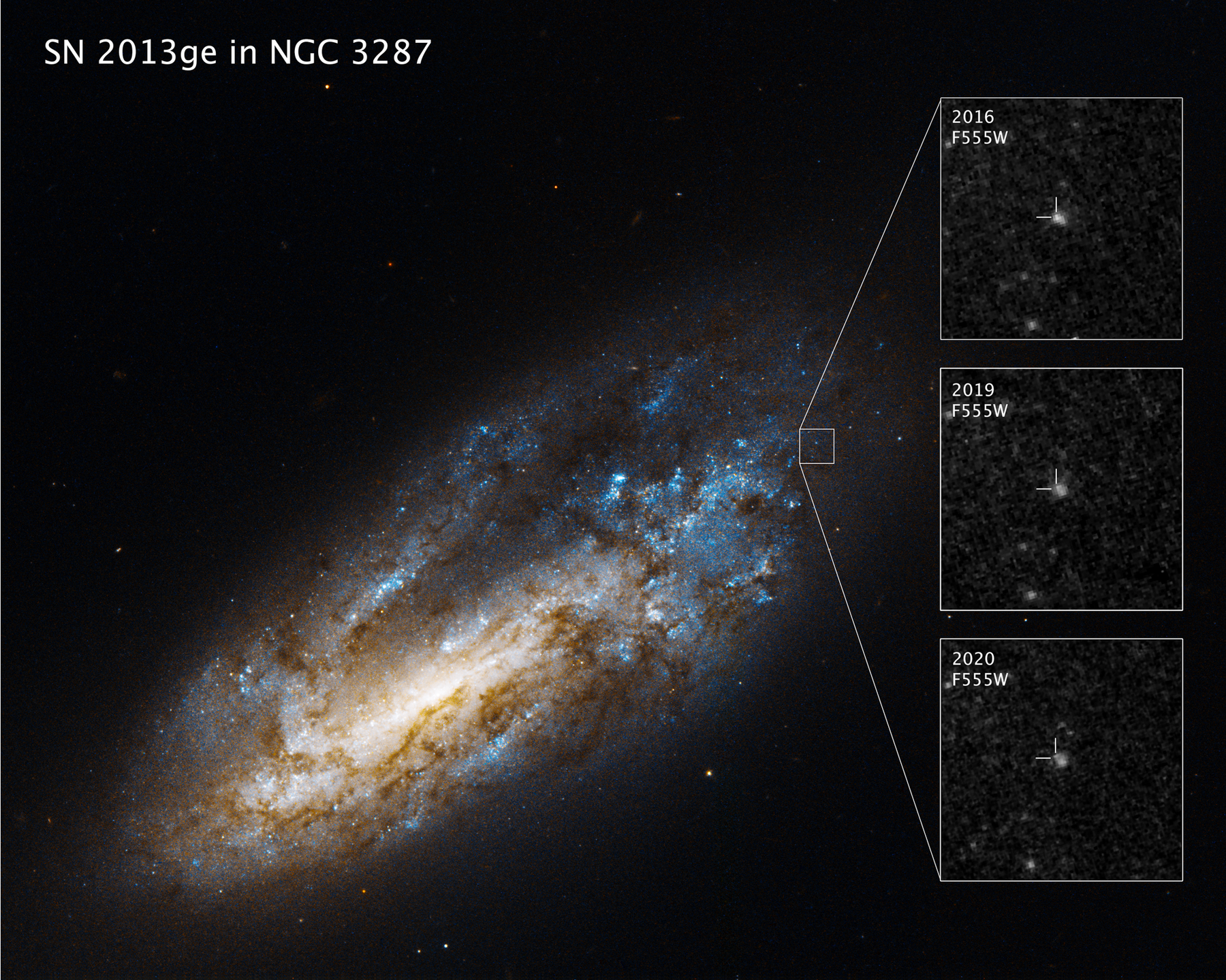 Barred spiral galaxy stretches from lower left to upper right. Right side holds 3 vertical panels: top 2016 supernova, middle: fading supernova, bottom: faded supernova