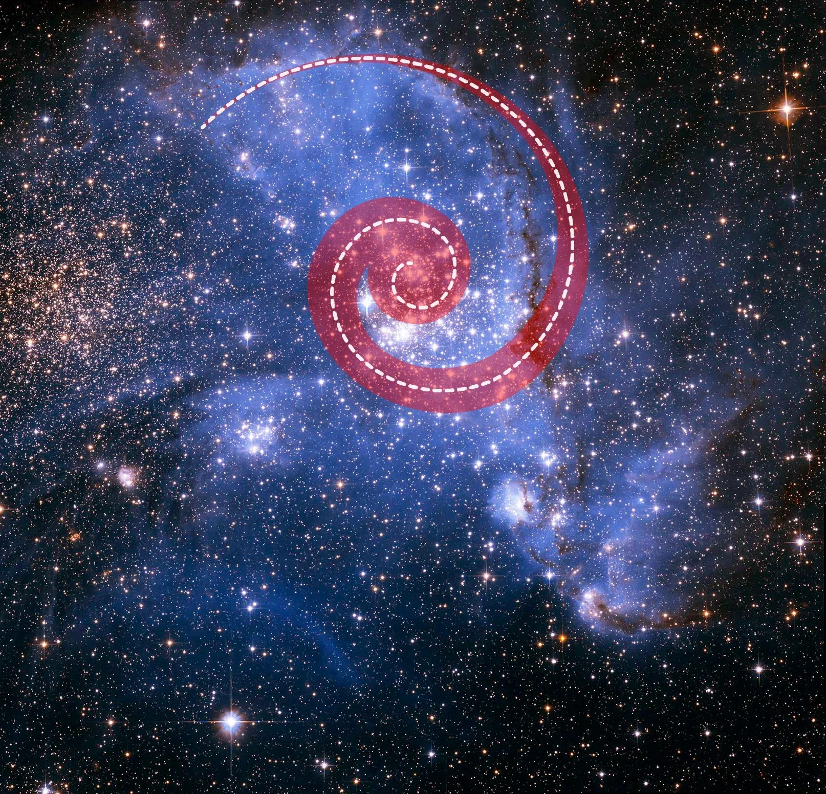 Bright-white stars in a cloud of blue. Superimposed on the scene is a red spiral.