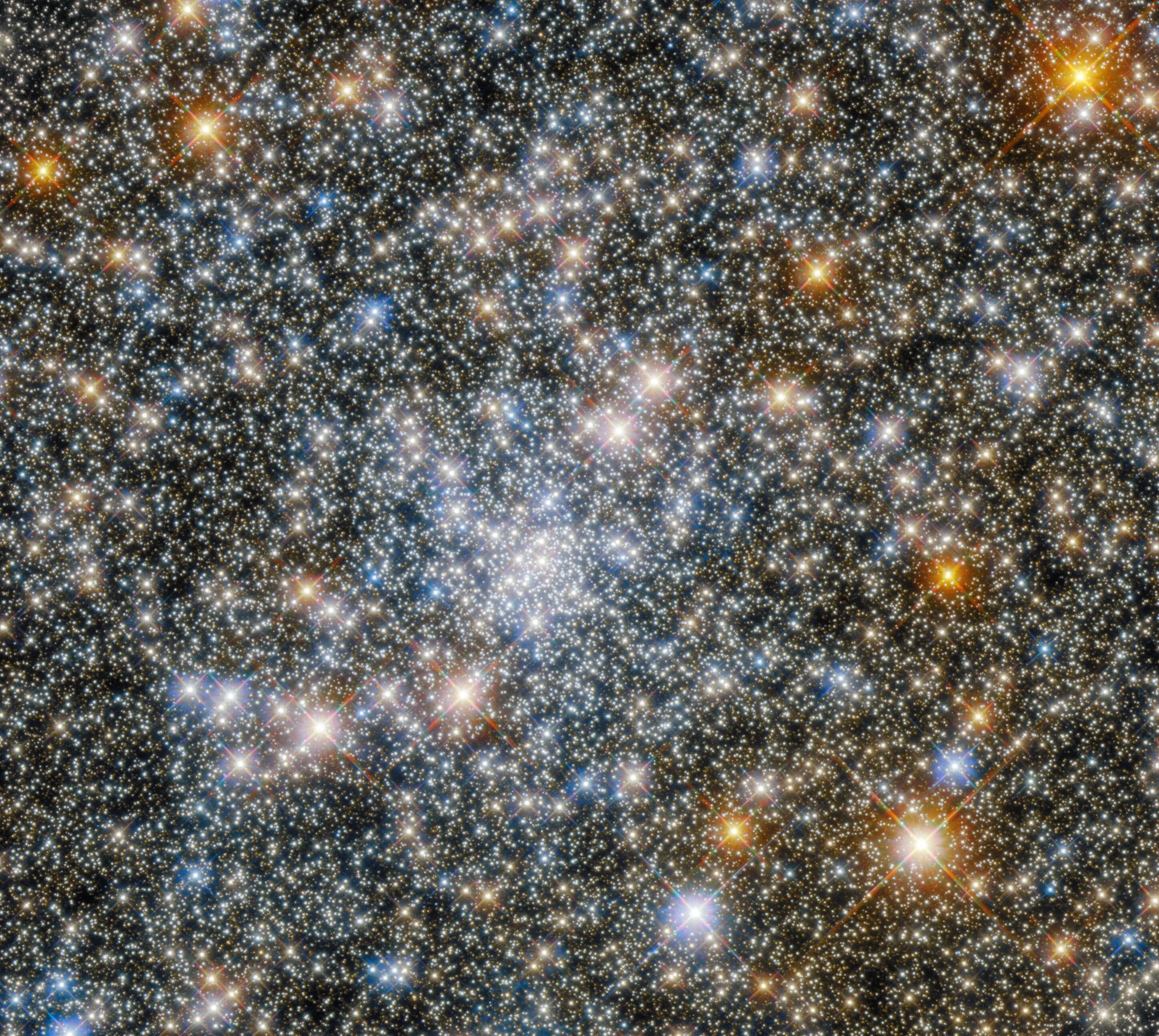 Stars fill the image. bright, blue-white stars are concentrated in the image's center. large, gold stars dot the scene.