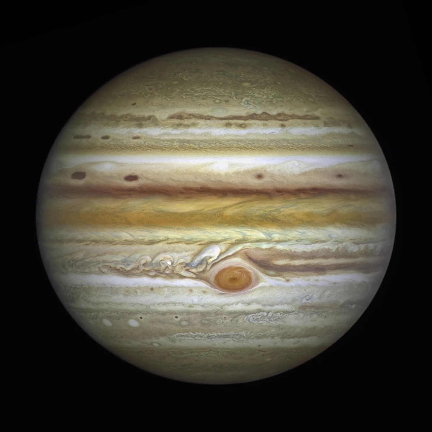 Hubble 2021 of Jupiter. Its bright orange, yellow, red, and white stripes and the Red Spot.