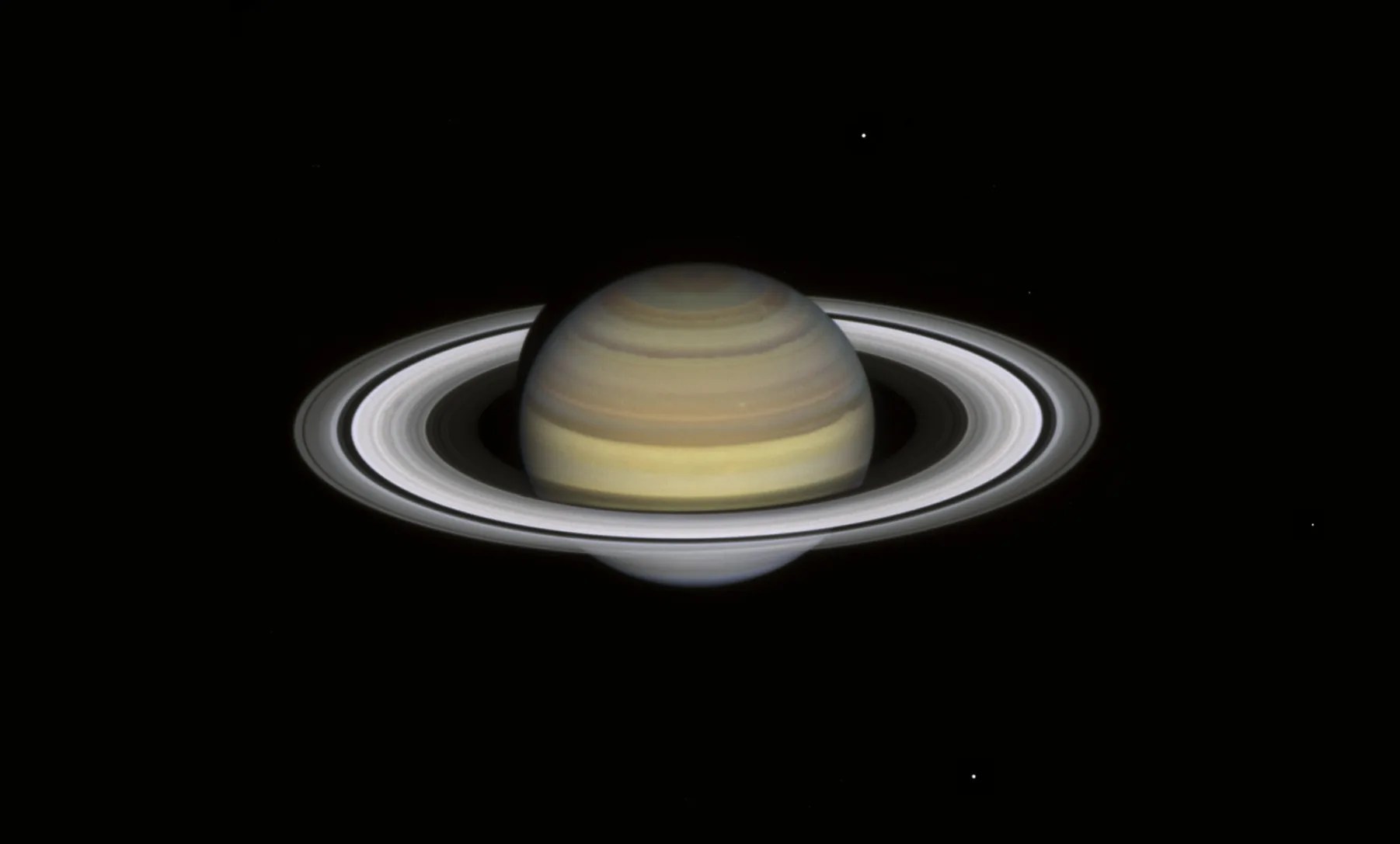 Hubble 2021 image of Saturn and its rings. Yellowish, darker yellow, and greenish bands. White, black, and grey rings surround the planet.