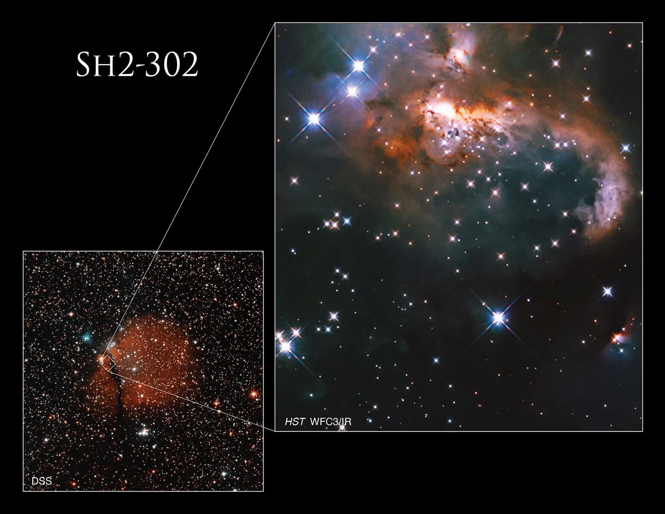 Lower left shows the position of the Hubble image in relation to the entire Snowman Nebula. Upper right is the small "comma" shaped section of the nebula Hubble imaged.