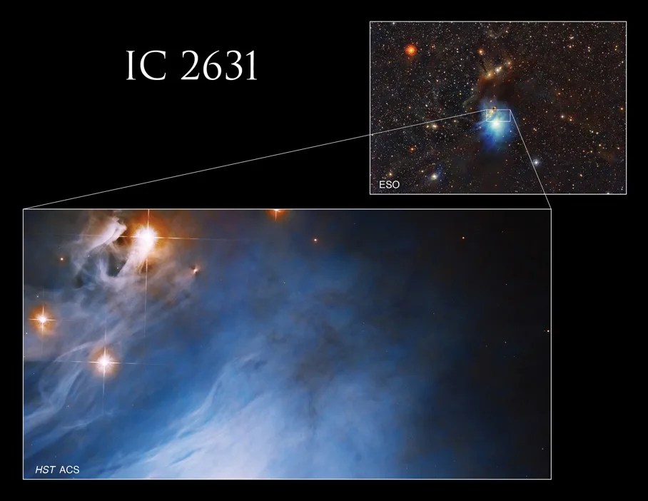 Upper left: small image of starfield with the blue-white nebula, IC2631, against the background of stars. Lower half: the main image, a bright blue cloud fills the field, 3 bright orange-red stars in the upper-left of the image