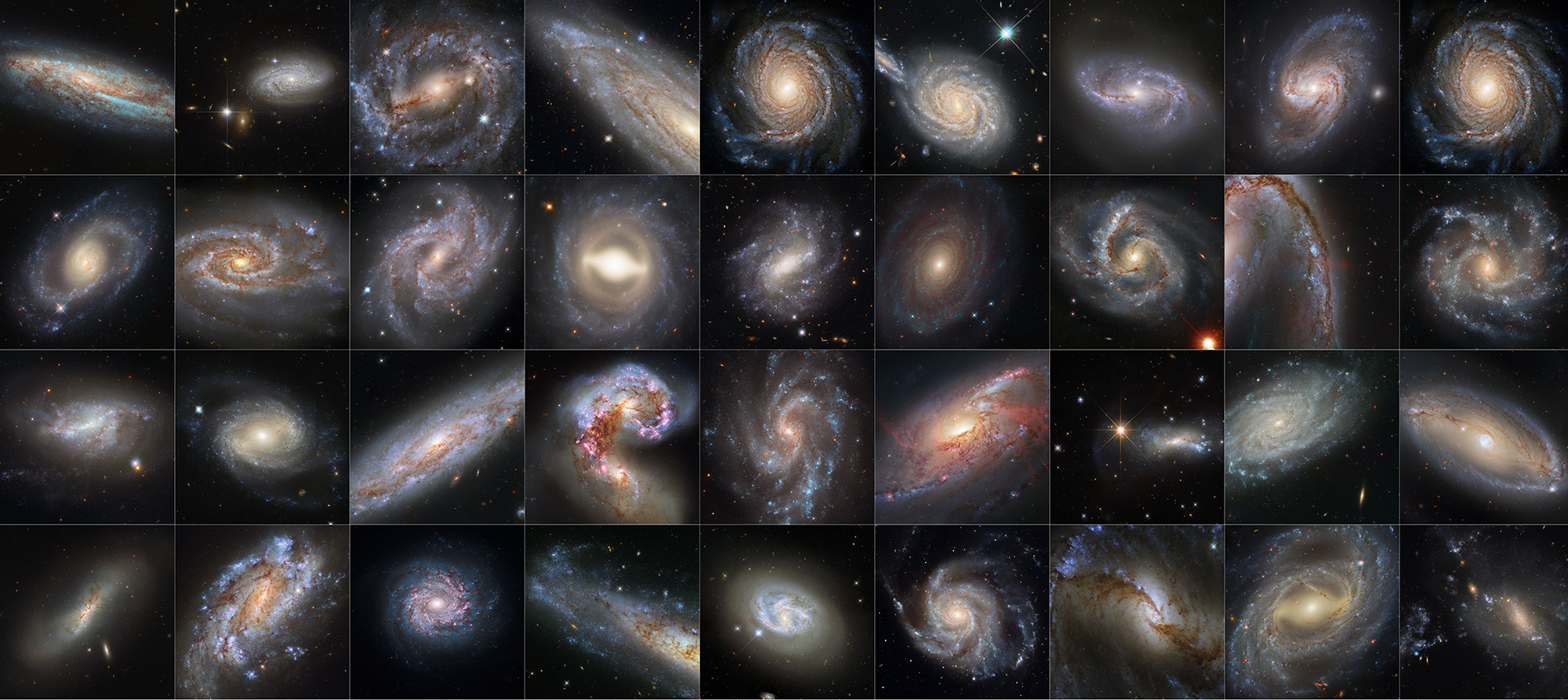 A grid of 36 galaxy images, 4 rows of 9 images each.