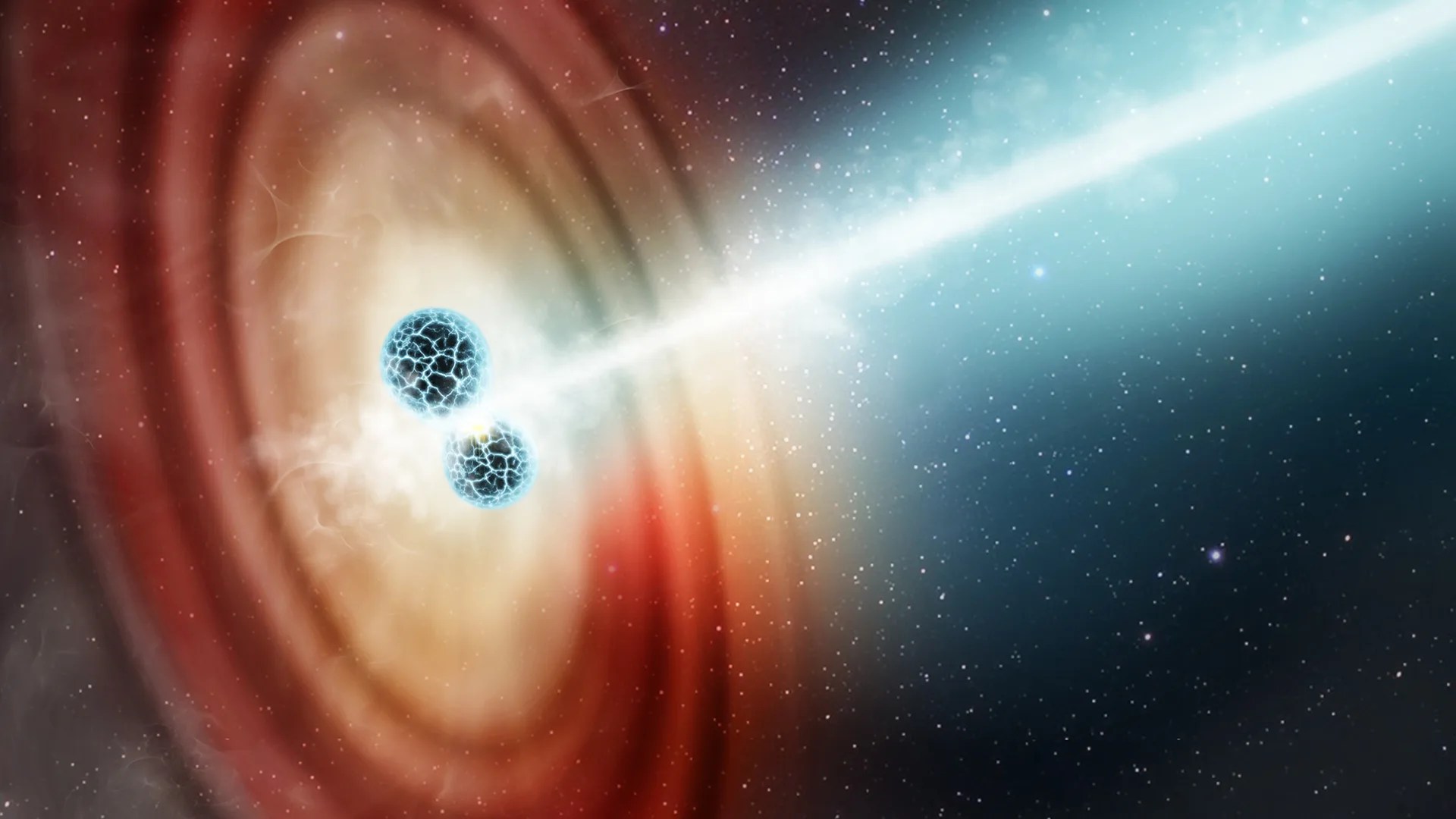 Two dark blue-white orbs surrounded by orange, brown, and white rings on the left side of image denote a binary star system. Bright-white jet shoots out between the stars and off to the upper right.