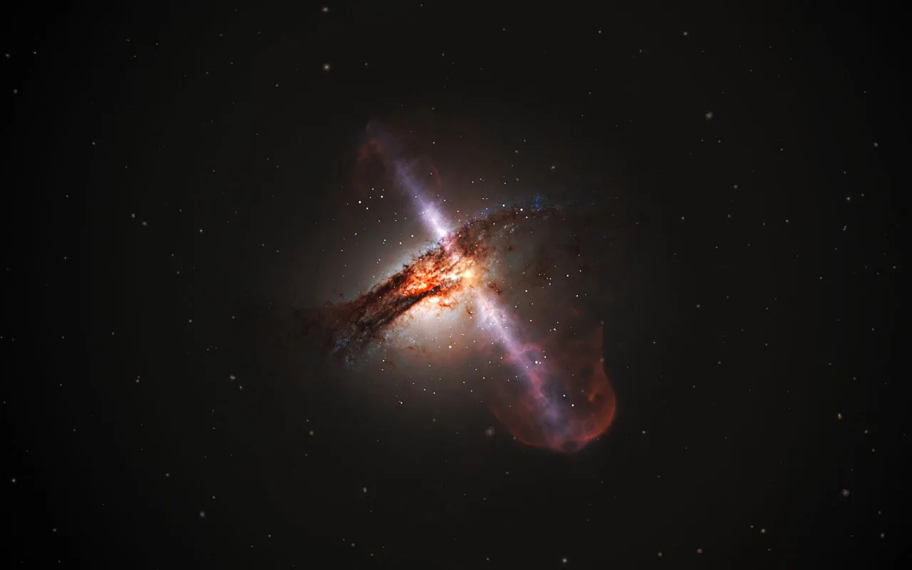 Artist’s illustration of galaxy with jets from a supermassive black hole.