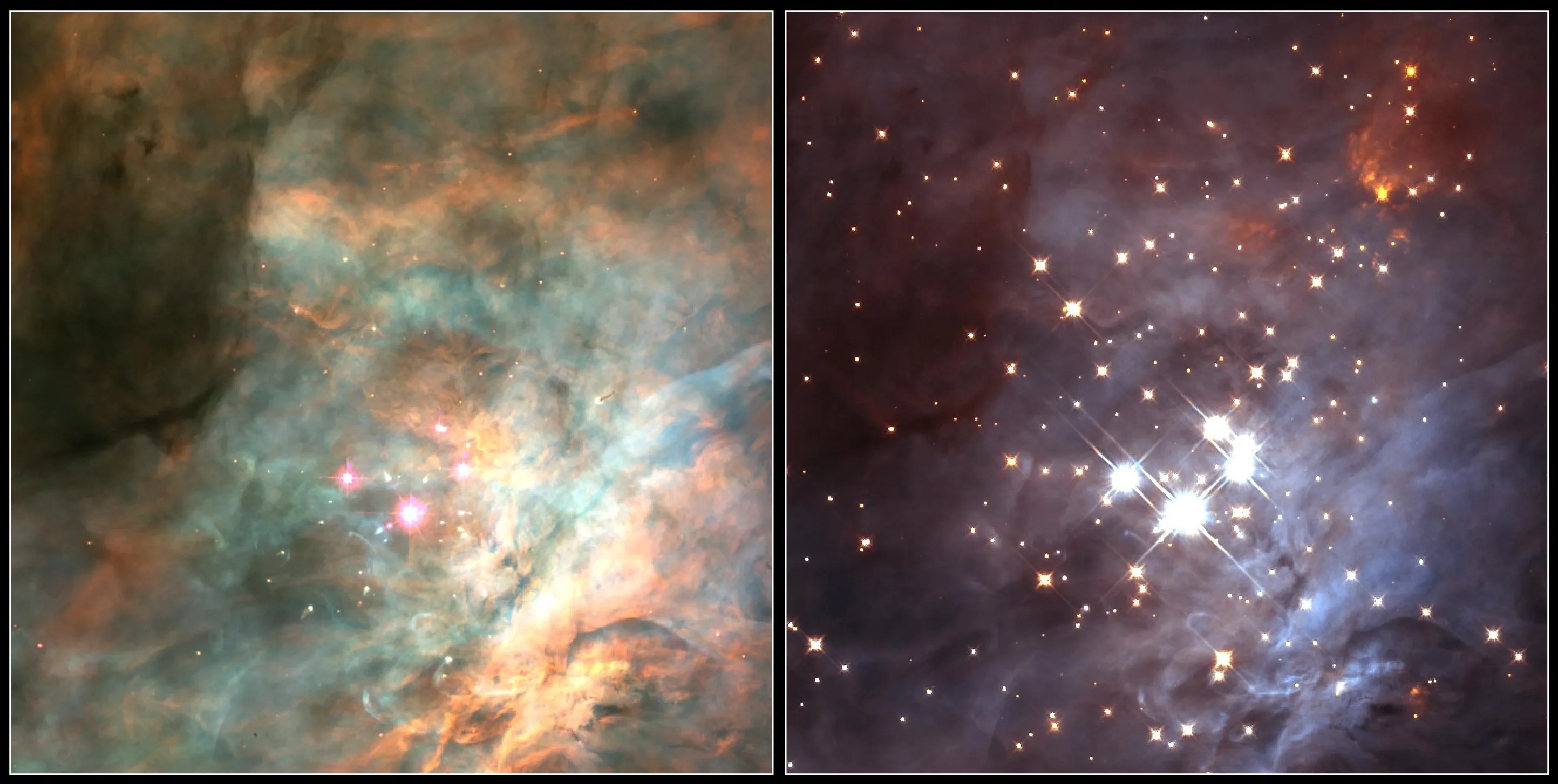Left: rusty-orange, white, and light green billowing cloud with several bright-white ringed with pink stars at its center. Right: Blue-white cloud with several bright-white stars at its center. Orange-yellow cloud glows top right.