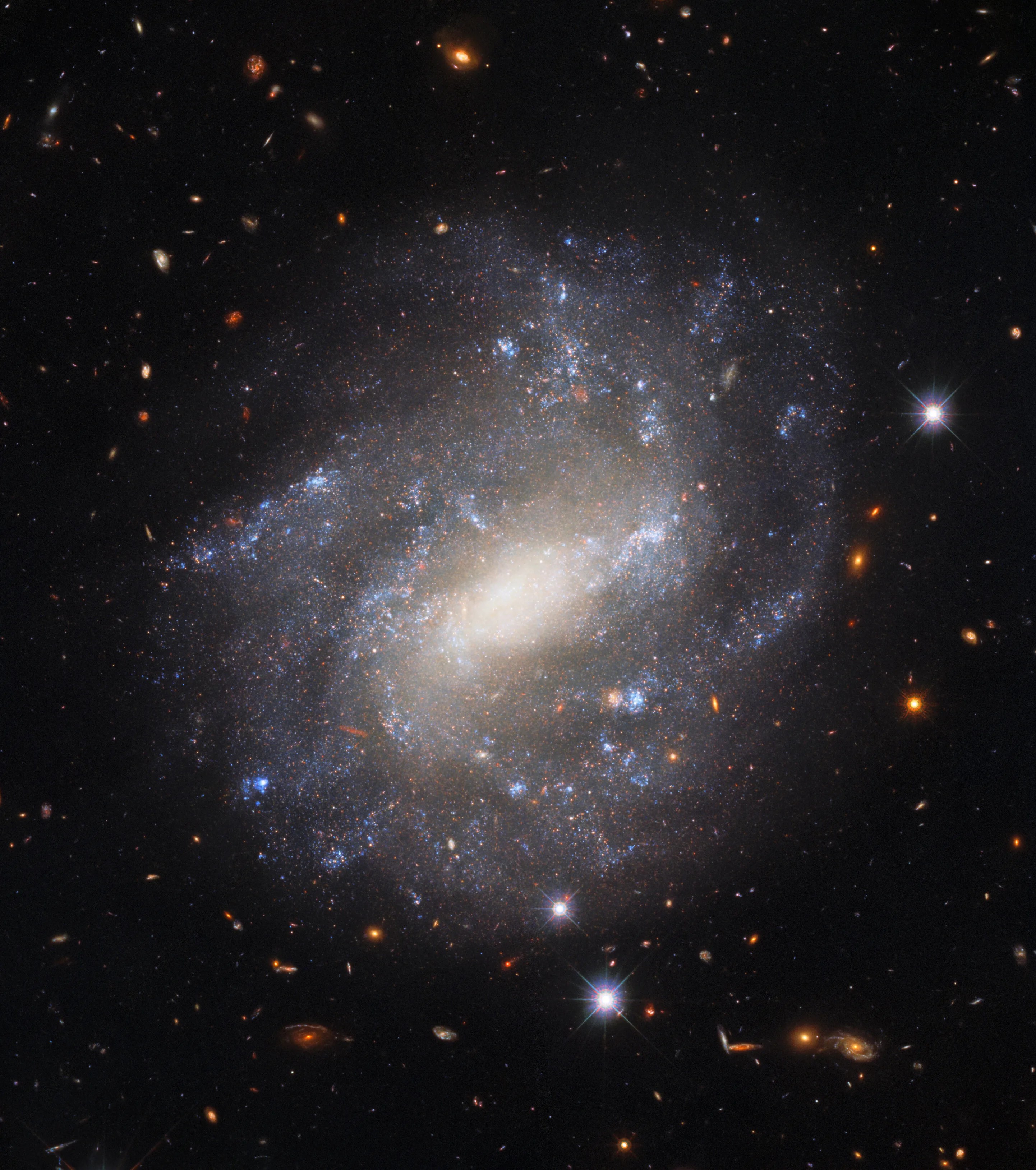 Bright spiral fills the scene. its spiral arms are diffuse but evident. bright blue-white star clusters dot its spiral arms.