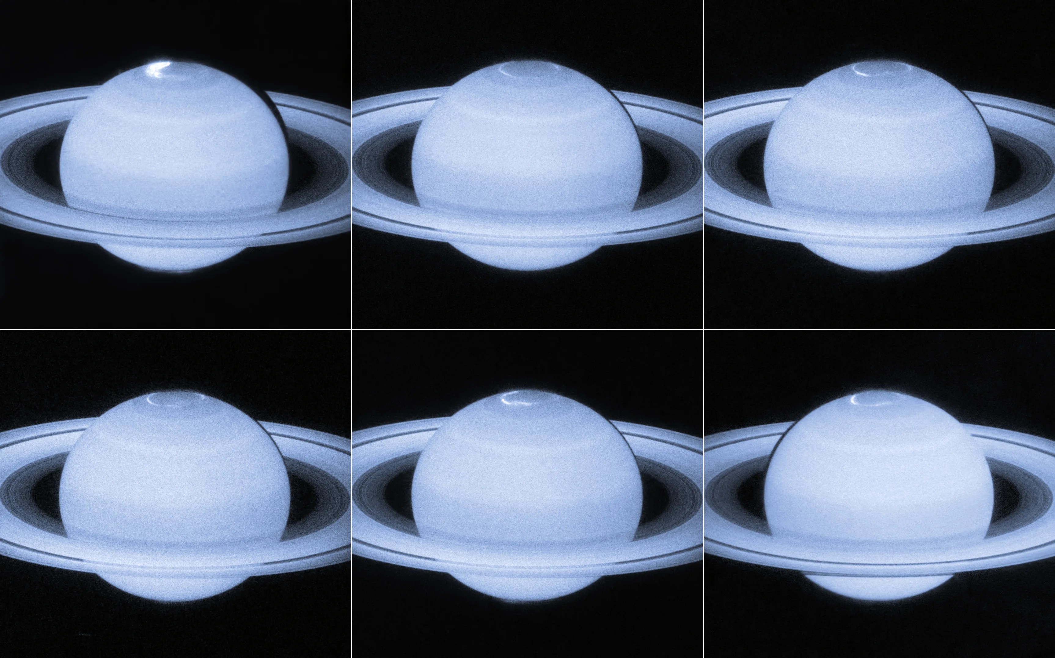 6 Hubble views of Saturn in ultraviolet light, all appearing pale blue. They're arranged in two rows of three pictures each.