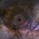 Stars and black, pink, and bluish-purple clouds of gas and dust swirl into a black hole at image center.