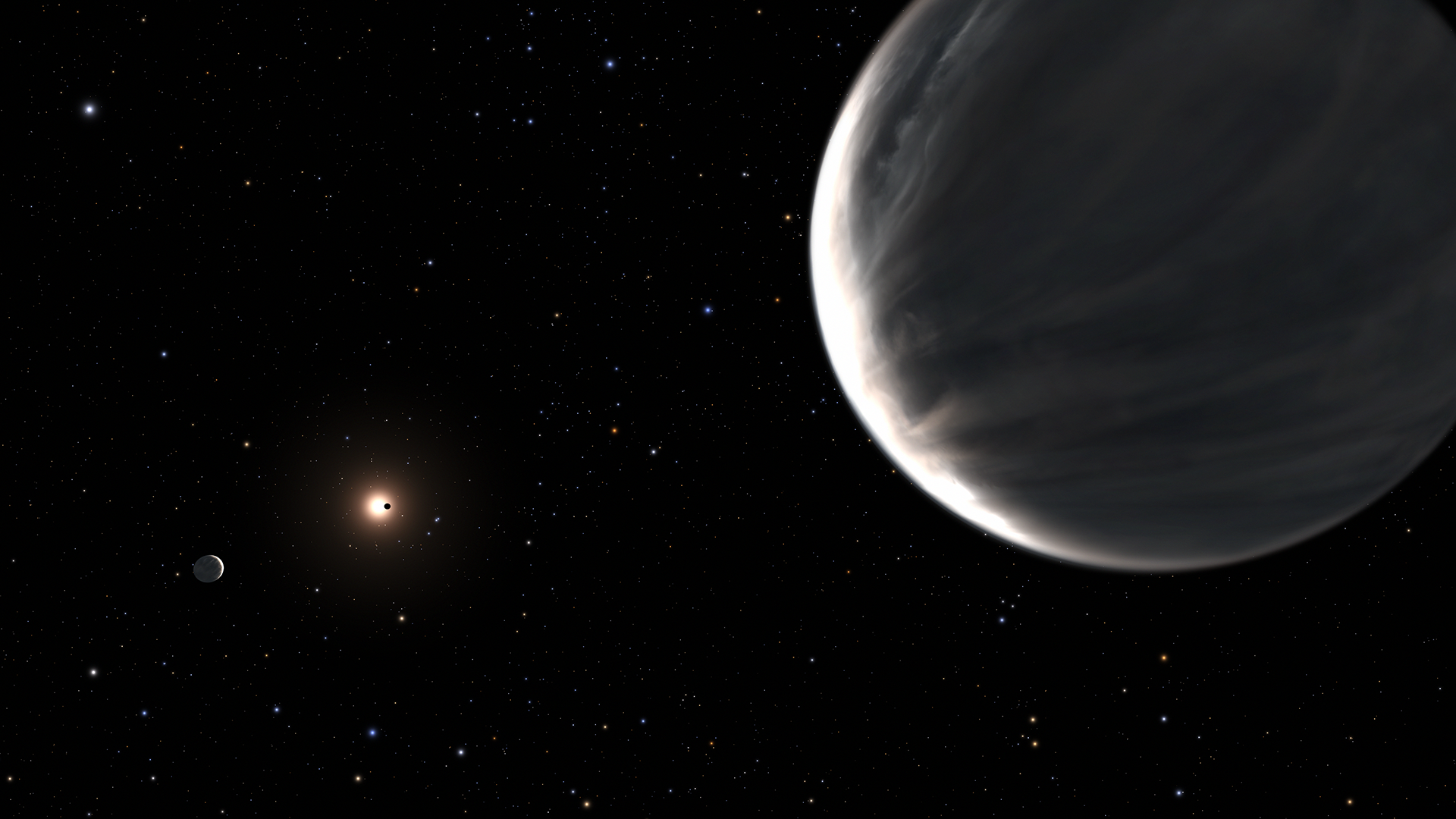 Upper right: a blue world with white, linear clouds illuminated as a crescent by a distant star to the lower left of the planet. Two other distant planets are visible, one passing in front of the star, the other to the lower left of the star.