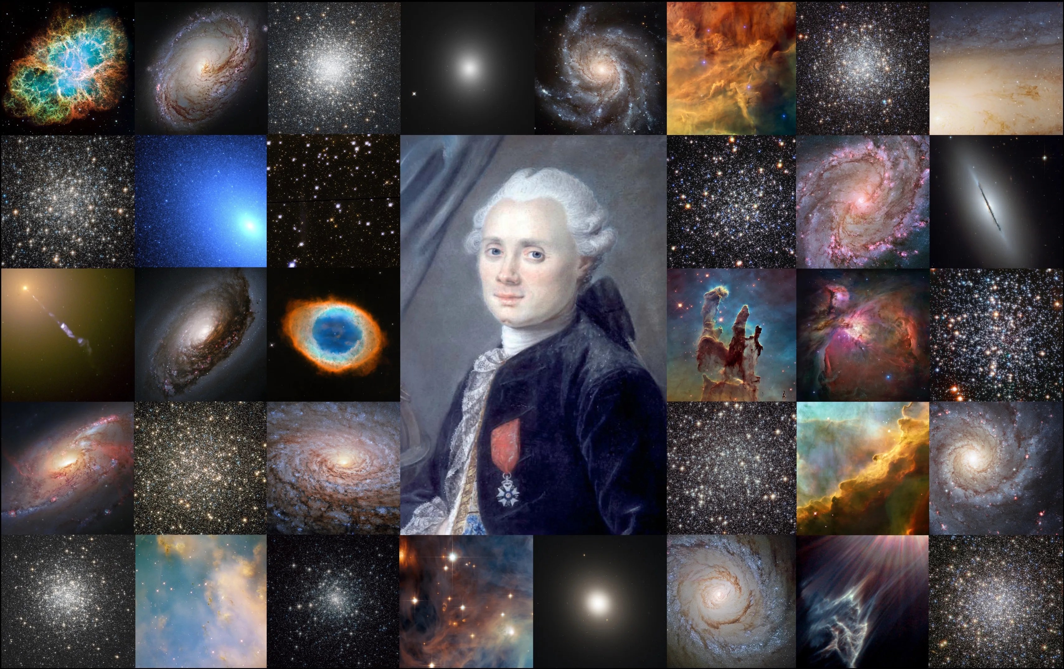Collage of galaxies and portrait of a man