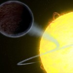 Upper left, black planet. Lower right half of image holds a bright yellow star with orange-red prominences.