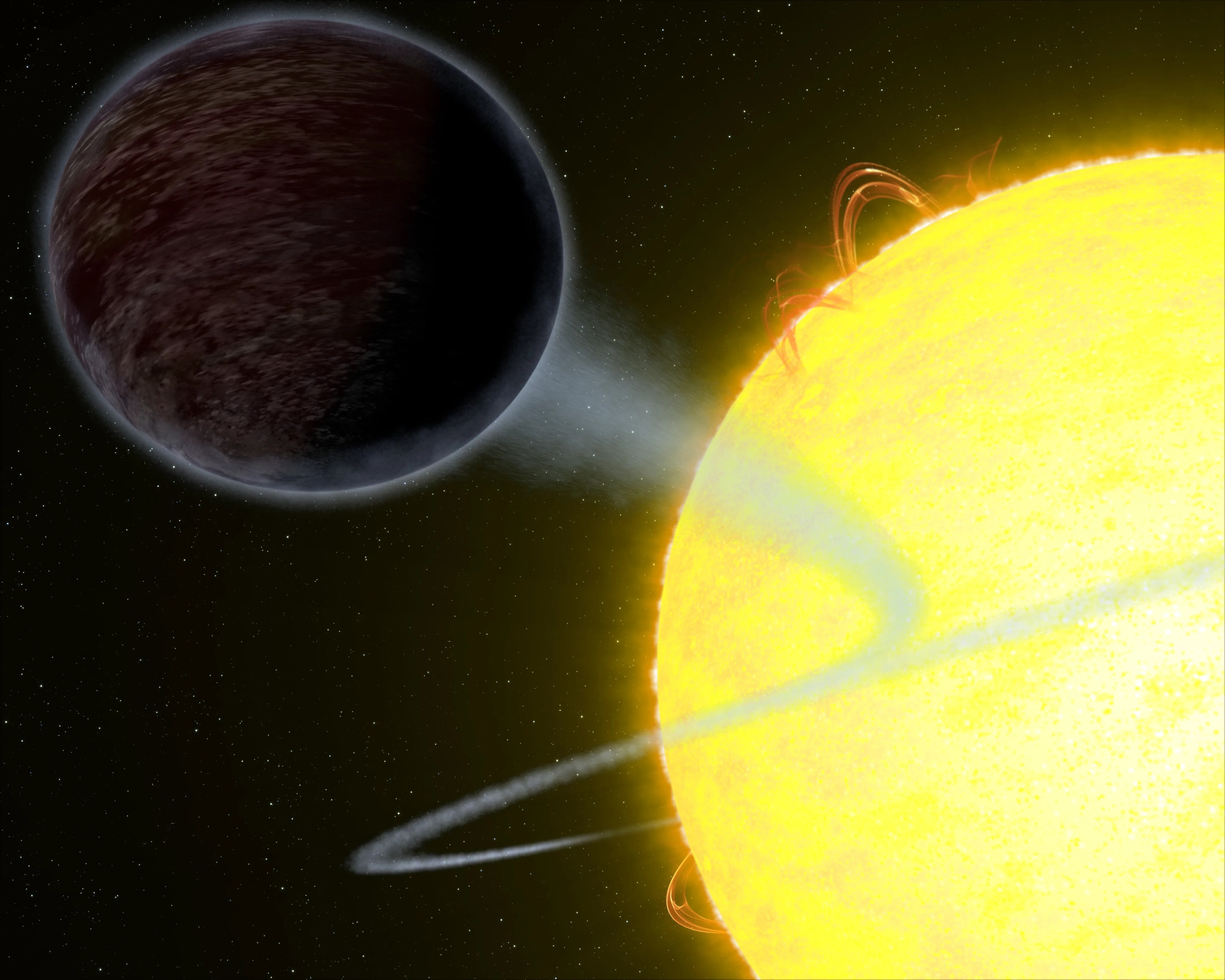 Upper left, black planet. Lower right half of image holds a bright yellow star with orange-red prominences.