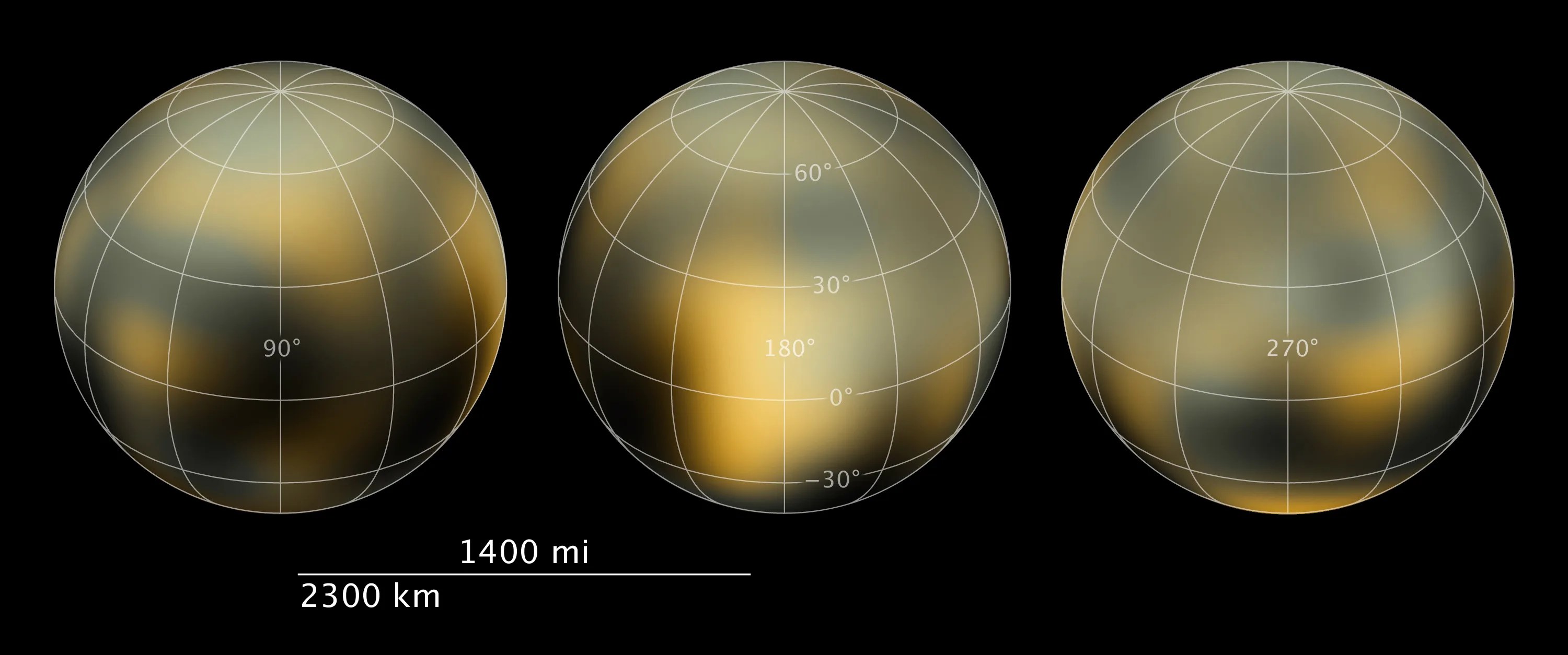 Hubble surface brightness (albedo) observations of Pluto, mapped over spheres. Three spheres holding Hubble's albedo observations of Pluto. A grid representing the longitude and latitude of the planet is superimposed on the sphere over the Hubble observations.