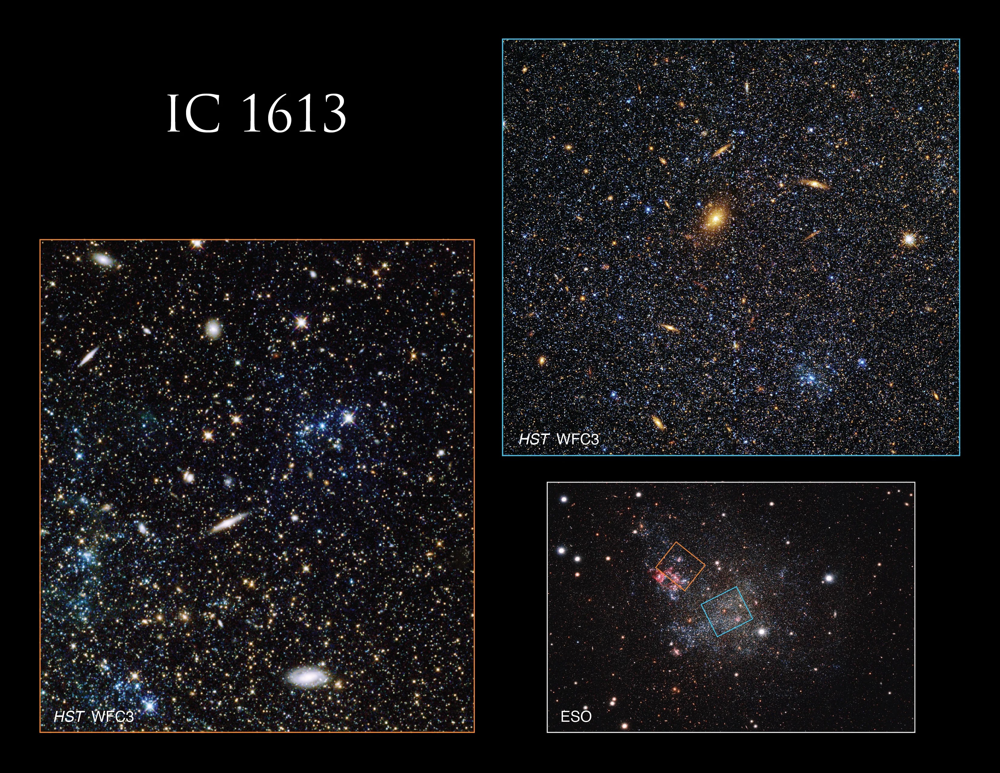 This context image shows two regions of Caldwell 51 (IC 1613) imaged by Hubble’s Wide Field Camera 3 (WFC3).