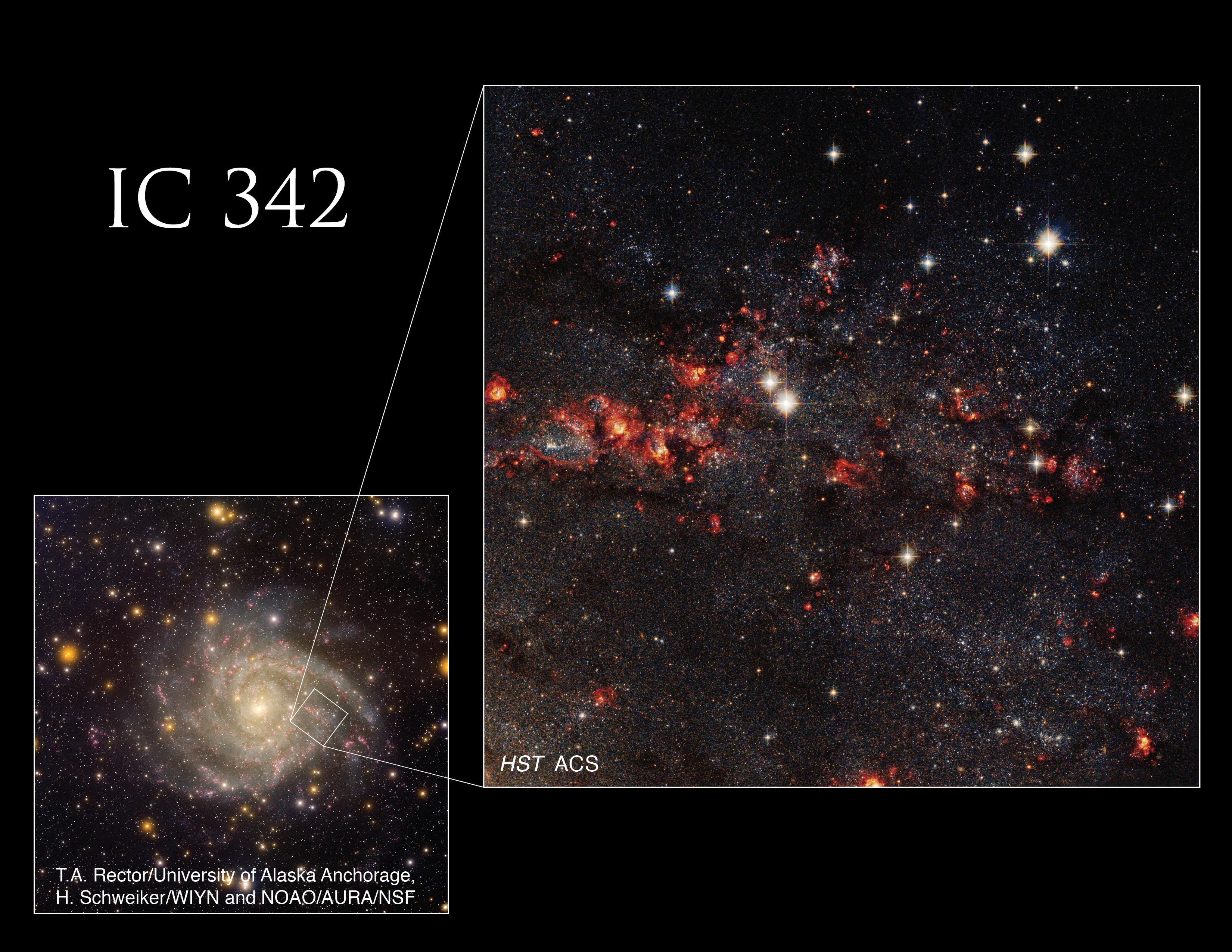On the left side of the image is a spiral galaxy, on the right the inset shows a zoom in with dark red stars and dust and gas.