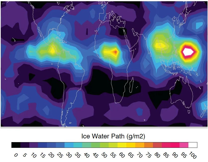 Color coded global map of mean cloud ice based on data from the IceCube satellite