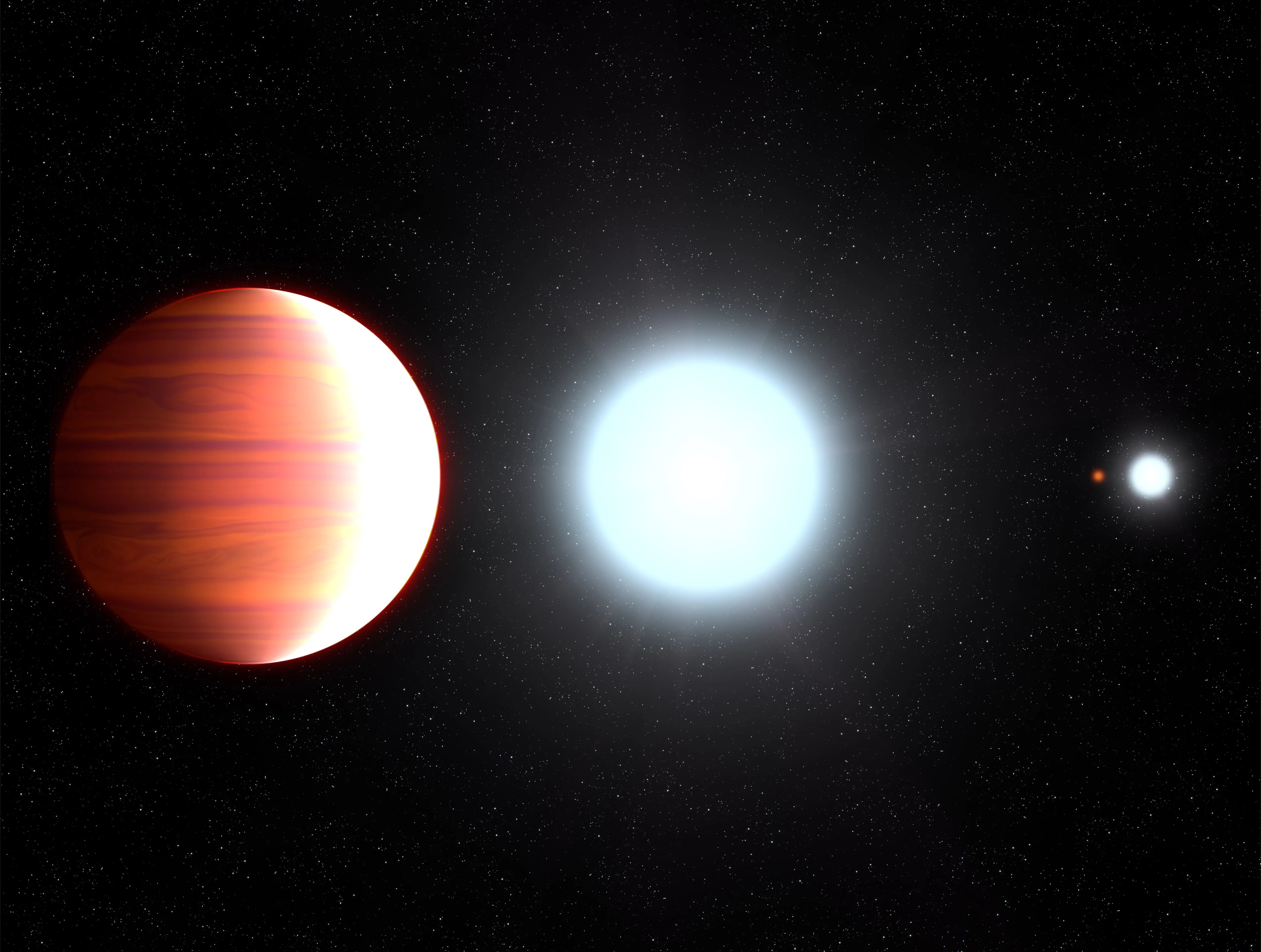 A large planet with it's sun and a distant star.