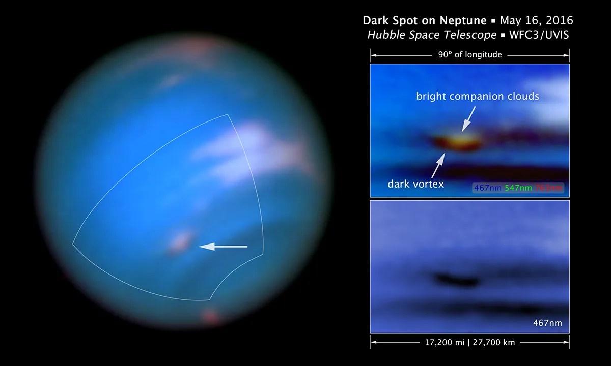 Annotated image showing Neptune's dark vortex