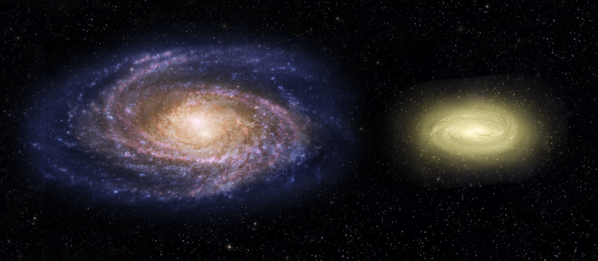 Two spiral galaxies, left one blue and pink, right one smaller and yellow