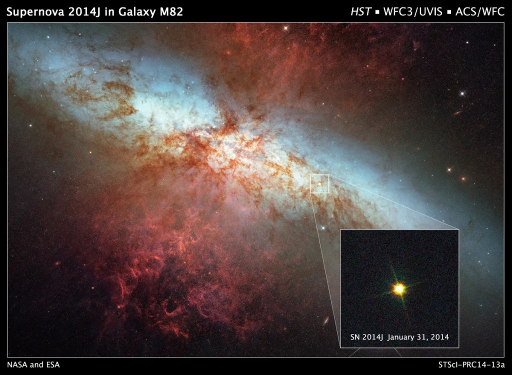 
			Hubble Monitors Supernova In Nearby Galaxy M82 - NASA Science			