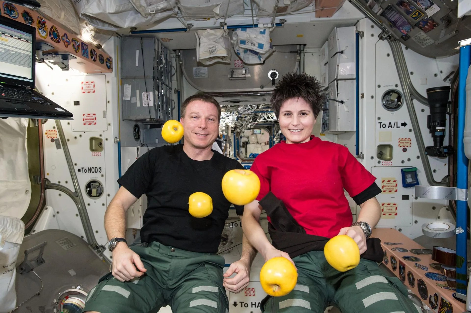 Man on left in black shirt and woman on right in red shirt smile as they watch five yellow apples float weightlessly in the foreground.