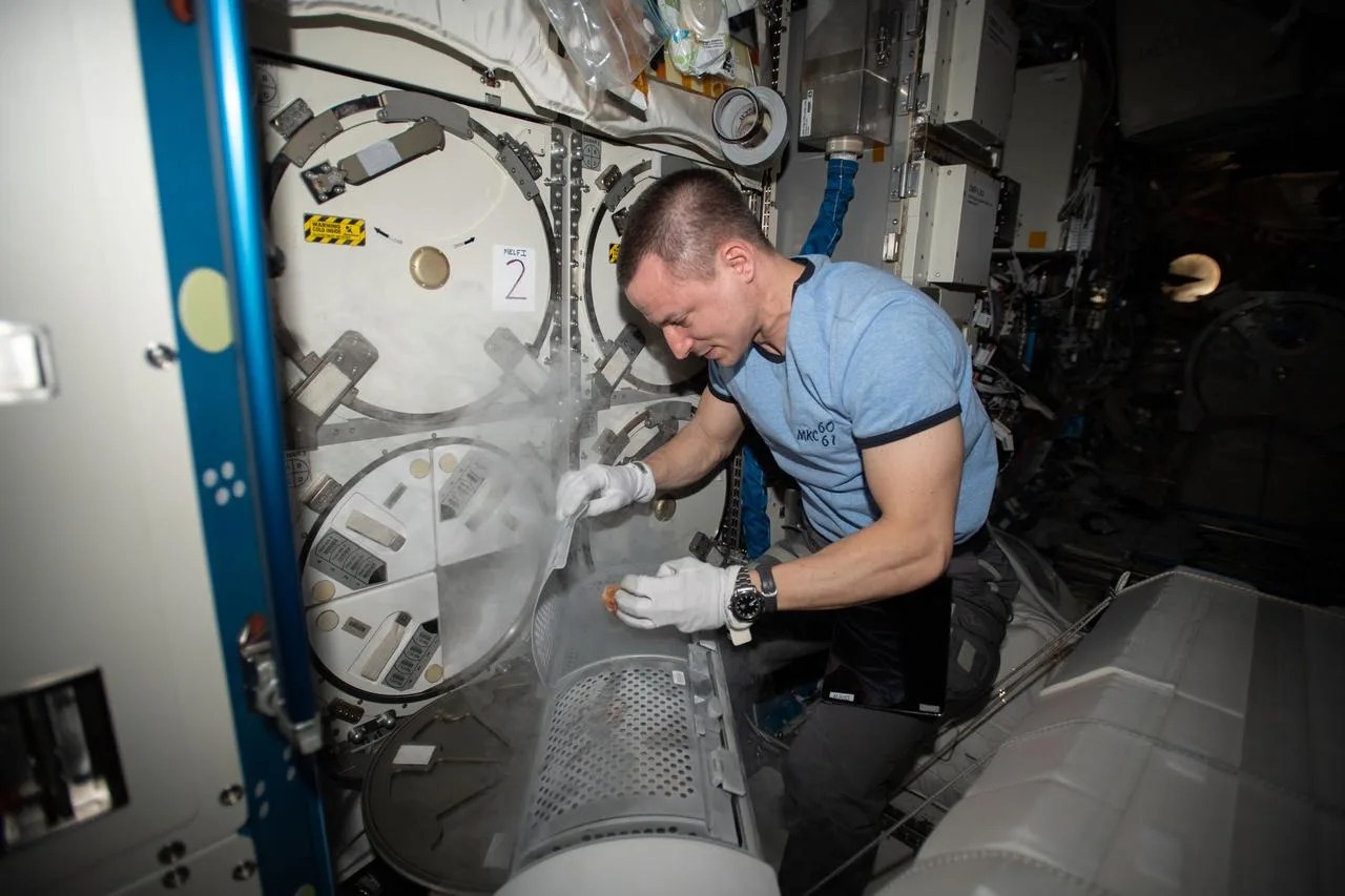 Photo of astronaut Andrew Morgan retrieving samples from a science freezer