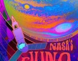 Colorful art poster of Juno with the planet Jupiter in the background.