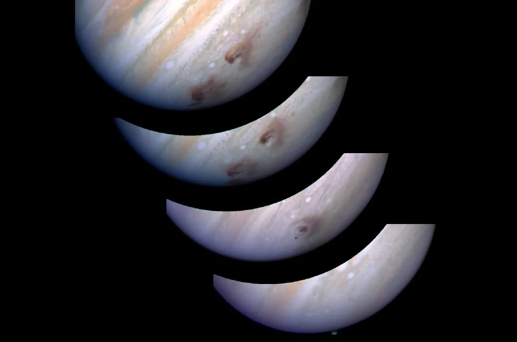 Four images of Jupiter, from bottom to top: 1) Jupiter with a puff of bright light near its limb. 2) The deep maroon scar of the impact is visible against the stripes of Jupiter's clouds. 3) The impact scar is larger with two distinct regions. 4) The impact scar is becoming more diffuse. 