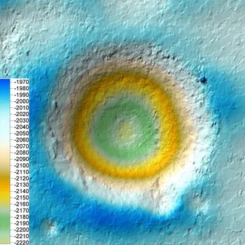 Several concentric circles of varying sizes and colors are used to represent the different topography of a lunar crater. A scale bar on the left matches colors with corresponding elevation measurements, which range from -2,220 meters in the center to -1,970 meters on the outer edge. The colors progress from green at the center’s deepest levels to yellow, orange, brown, white, and finally blue at the shallowest outer edge.