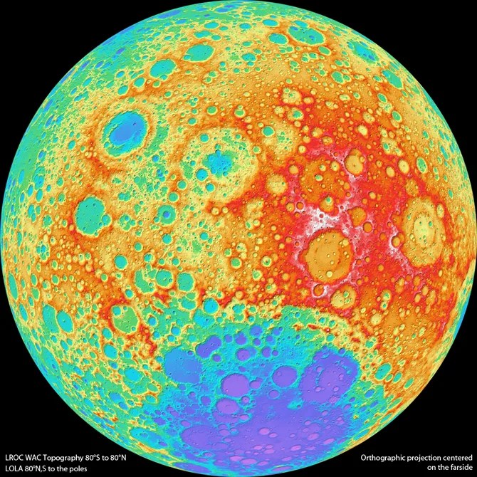 The Moon’s surface is shown in an array of hues covering all the colors in the rainbow. An elevation color bar is on the right with the colors beginning in the white at 10,760 meters and ends in the blue at negative 9,150 meters. Most of the lunar map is a bright orange and yellow, while at the south pole blue and purple dominate that area. The green hues are peaking through the orange to show places of lower elevation.