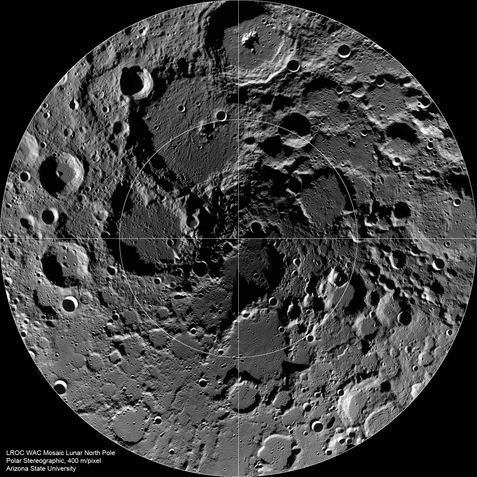 Craters riddle the moons North Pole with the largest creating large dark grey pits. The darkest colors are at the poles, since there is less sunlight that illuminates it. The further you move out from the poles to the edge of the captured image, the lighter it becomes.