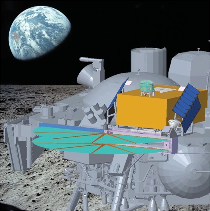 Artist rendering of a monitoring station  on the moon surface with Earth in the background