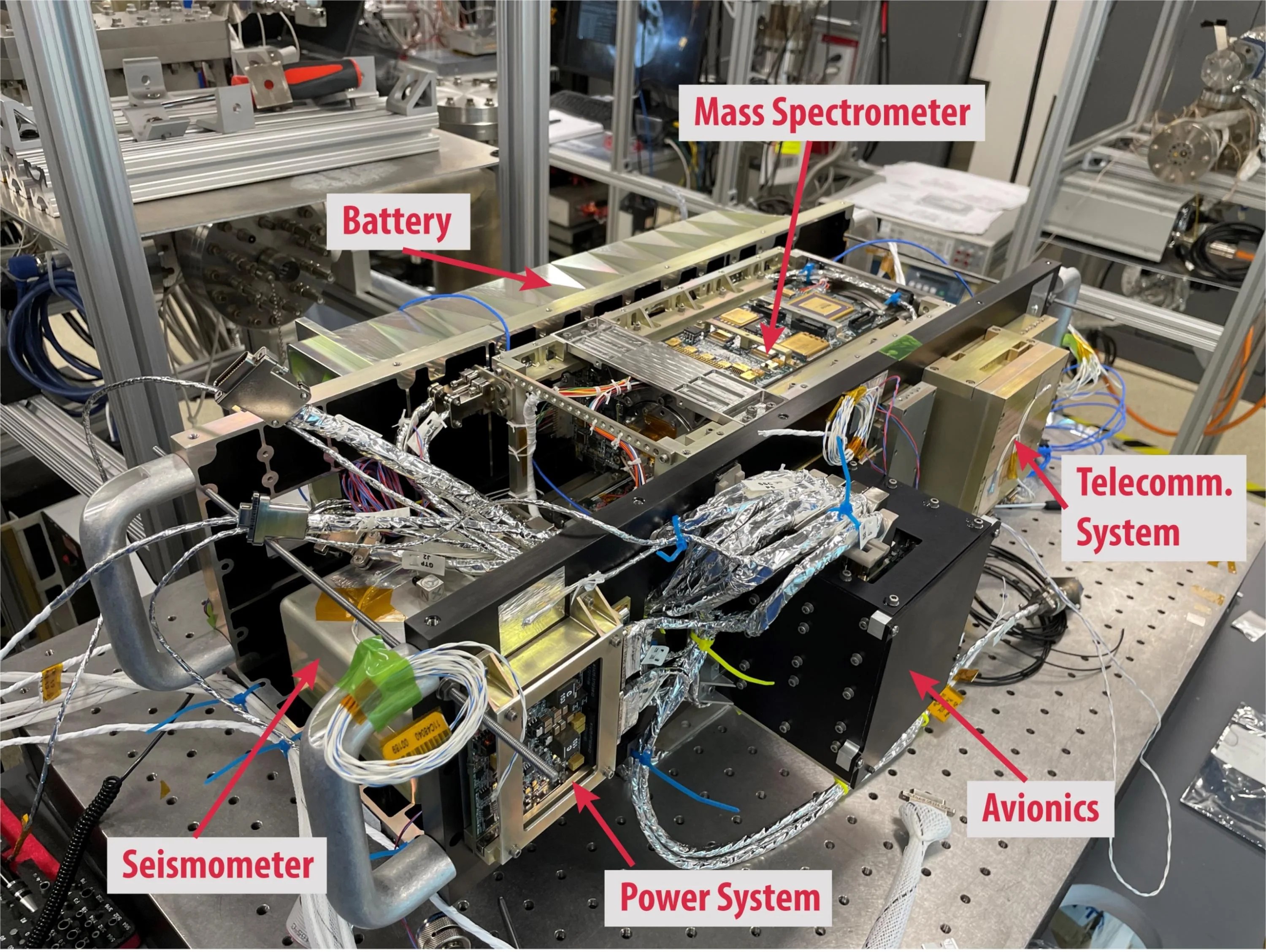 Photo of the inside of the LEMS engineering unit with labels pointing to the batter, mass spectrometer, telecomm system, avionics, power system and seismometer