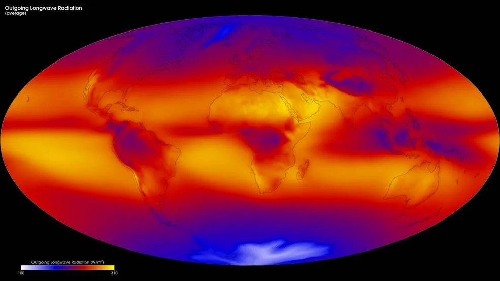 Image of the earth with color coded bands indicating temperature.