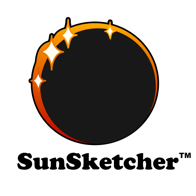 An illustrated eclipse logo with a larger orange circle eclipsed by a slightly smaller black circle. There are 4 flares in the upper left side. The title SunSketcher sits below the log.