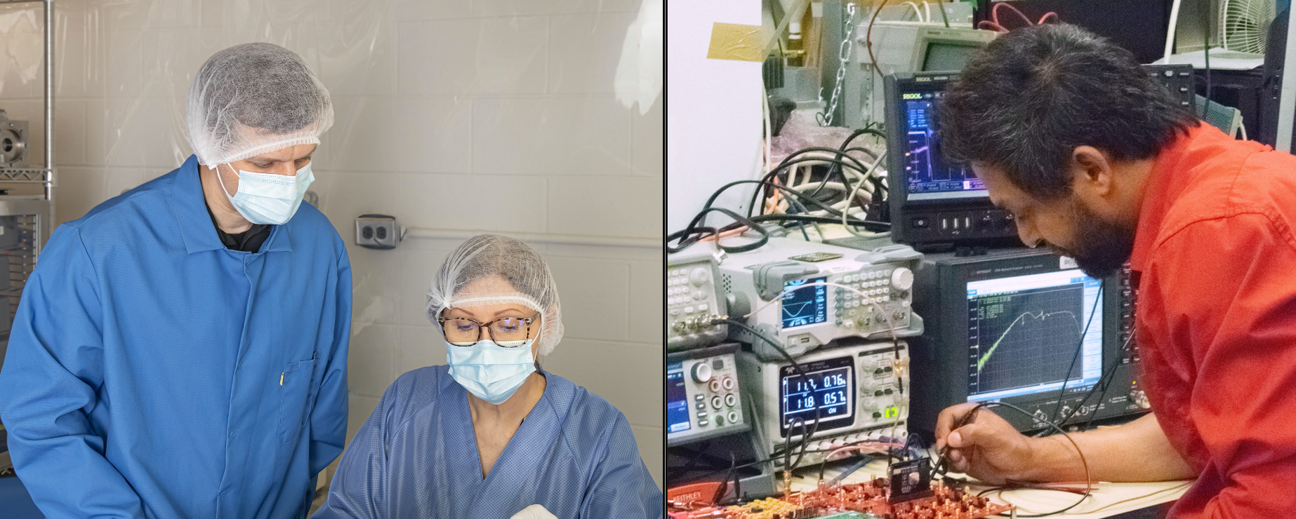 Two photos side by side. Left photo: a man and a woman wearing blue lab coats and hair nets work on a sensor in a small metal box. Right side: a man in a red shirt sits at a table working on a sensor amplifier