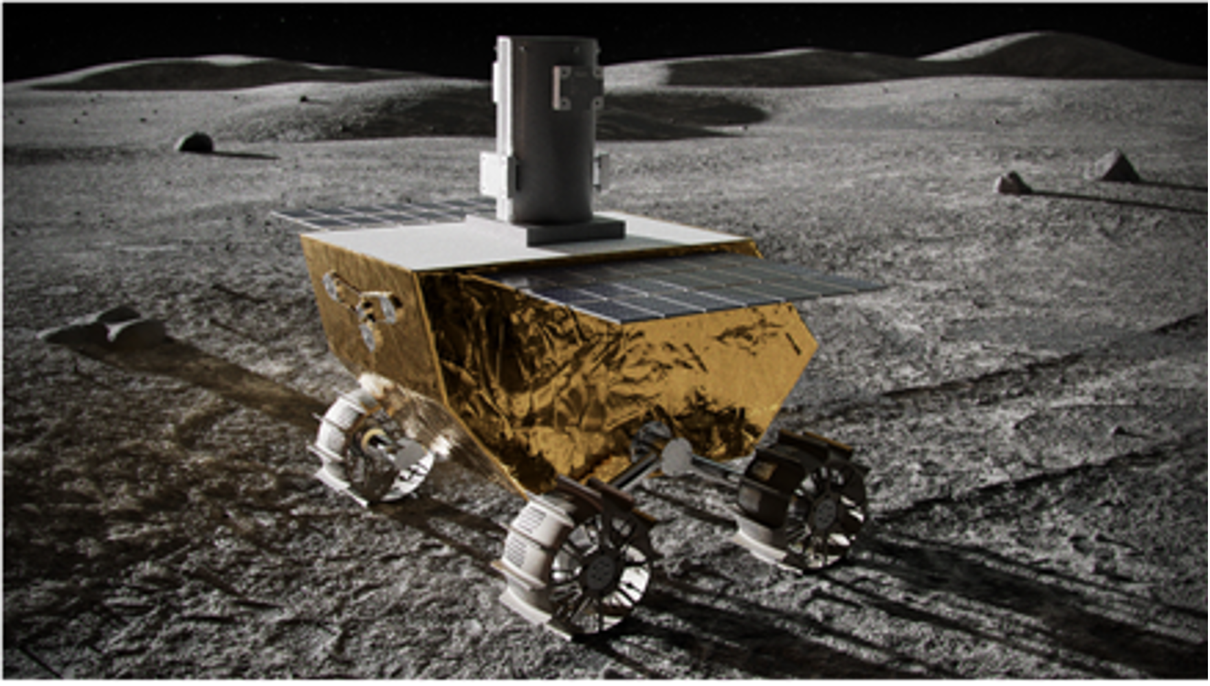 The Moon’s surface provides a grey background for LVx to roam, emphasized by tire tracks in the rover’s wake. A reflective golden shield completely covers the rover as it sits on four deeply ribbed wheels. Two solar panels are attached at the top of the rover, extending out laterally like a pair of wings.