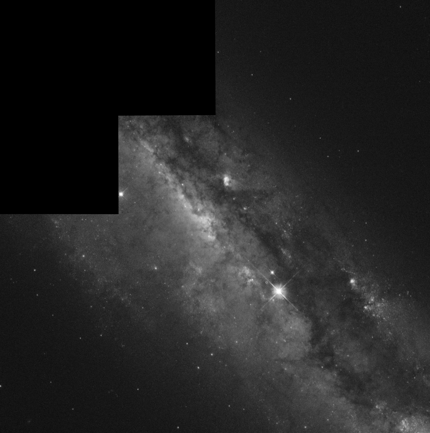 A grayscale image of a galaxy core surrounded by spiral arms laced through with dark dust. A black stair-step shaped region designates where there is no Hubble data.