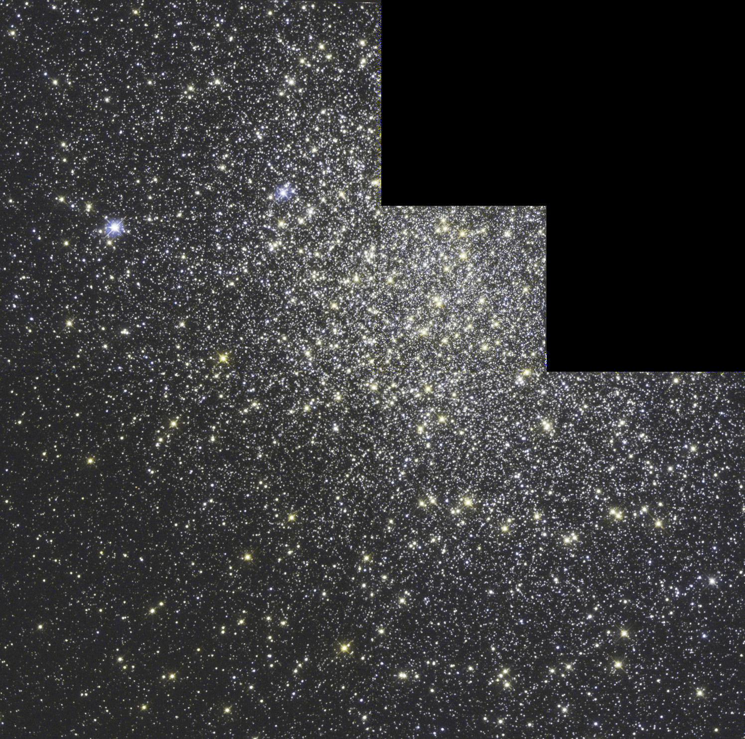 A portion of a globular cluster with thousands of stars with a stair step look due to the detector that was used to take the image.