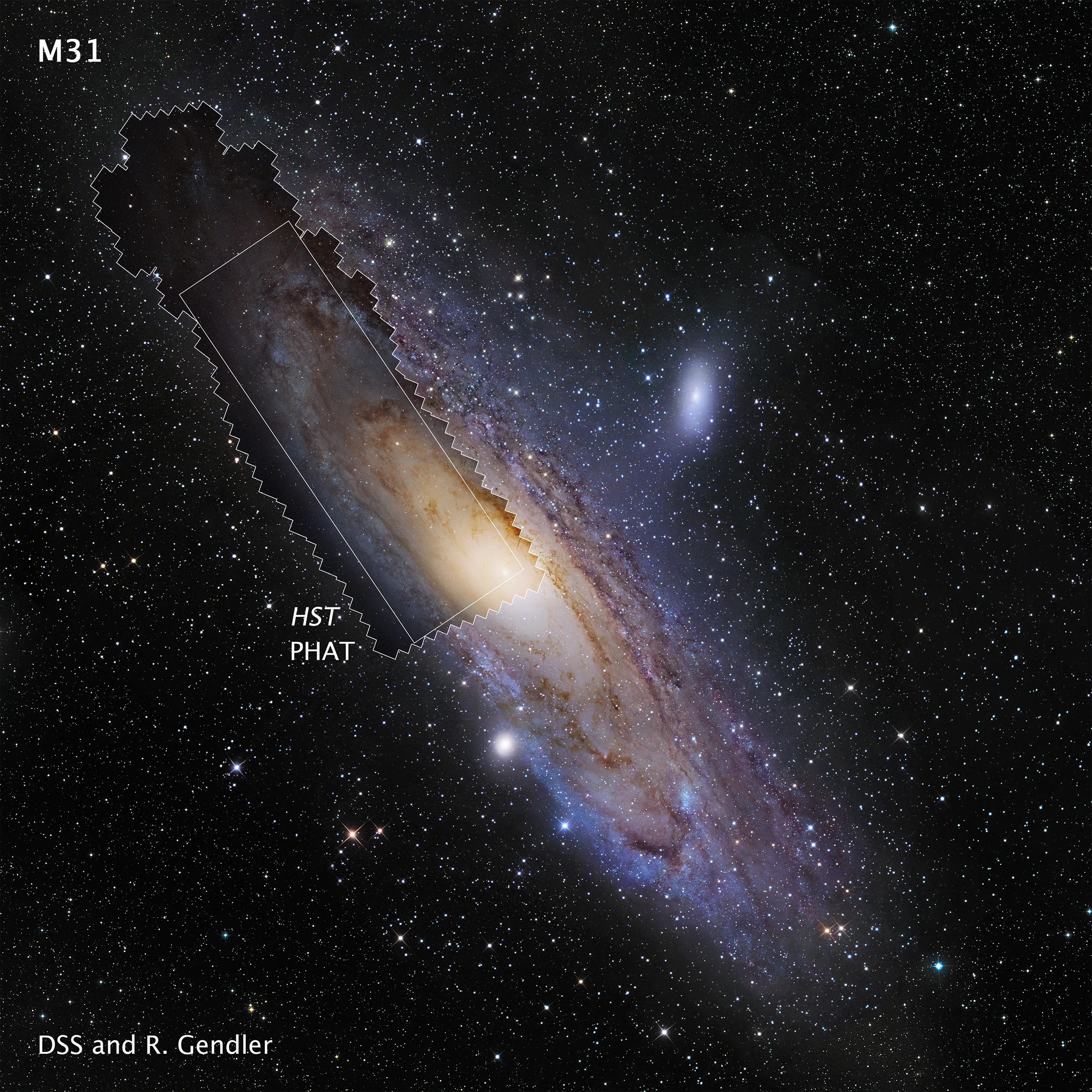 M31 mosaic, inset in ground-based image to show what part of the galaxy Hubble has imaged.
