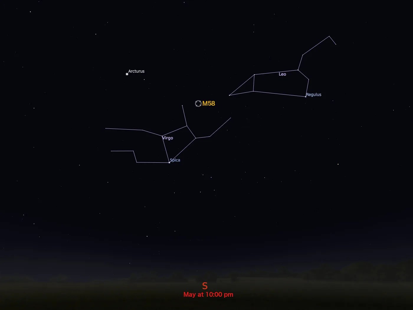 star chart showing location in night sky of M58
