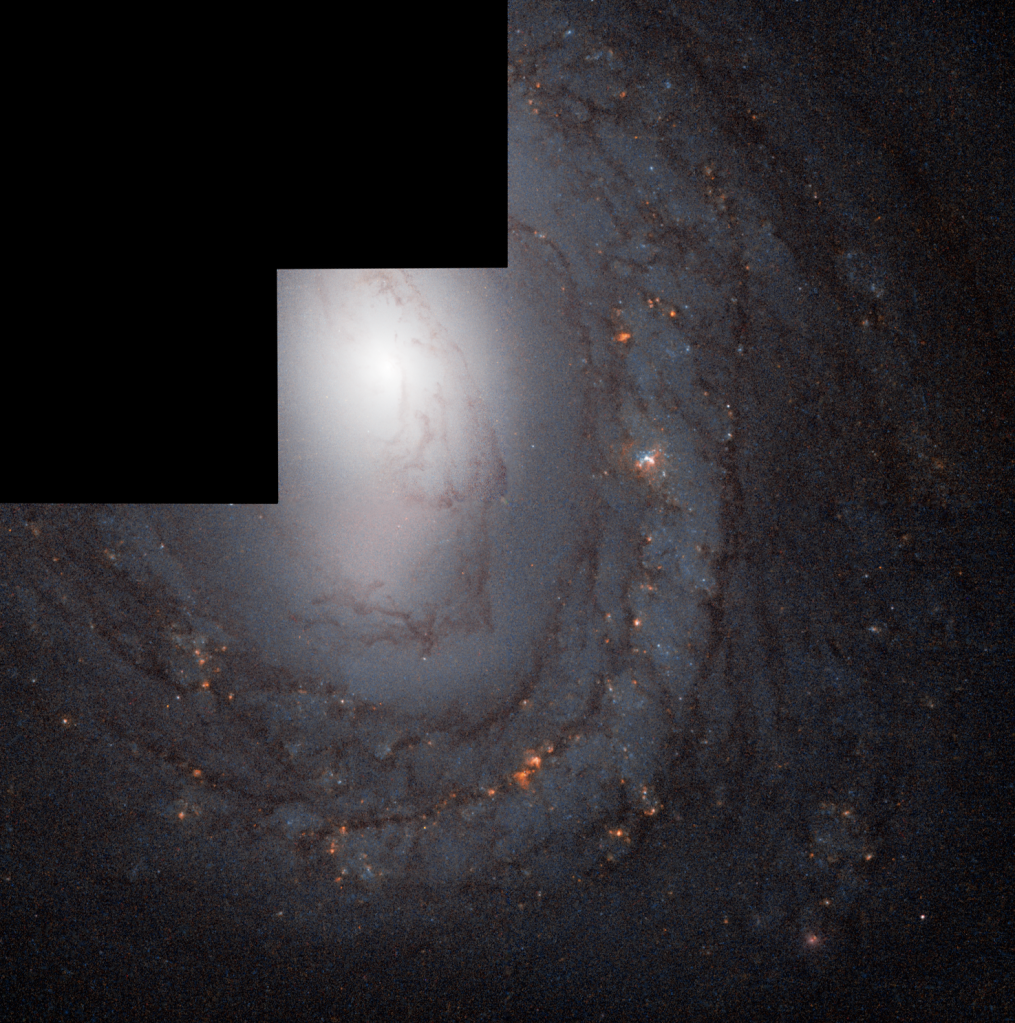 Spiral galaxy seen from above. Bright central core is white due to the light from so many stars, on the outer edge of the galaxy the arms spread out, with light blue and purple dust and gas, peppered with stars.