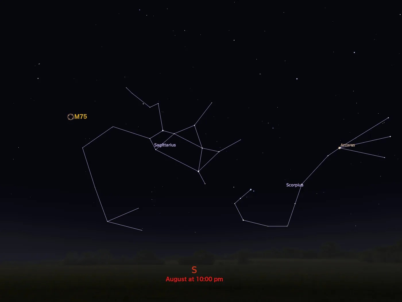 star chart showing location in night sky of M75