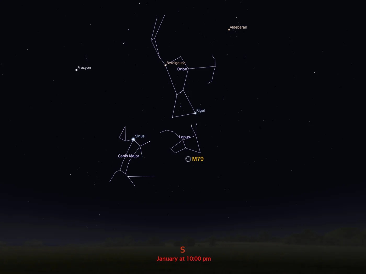 star chart showing location in night sky of M79