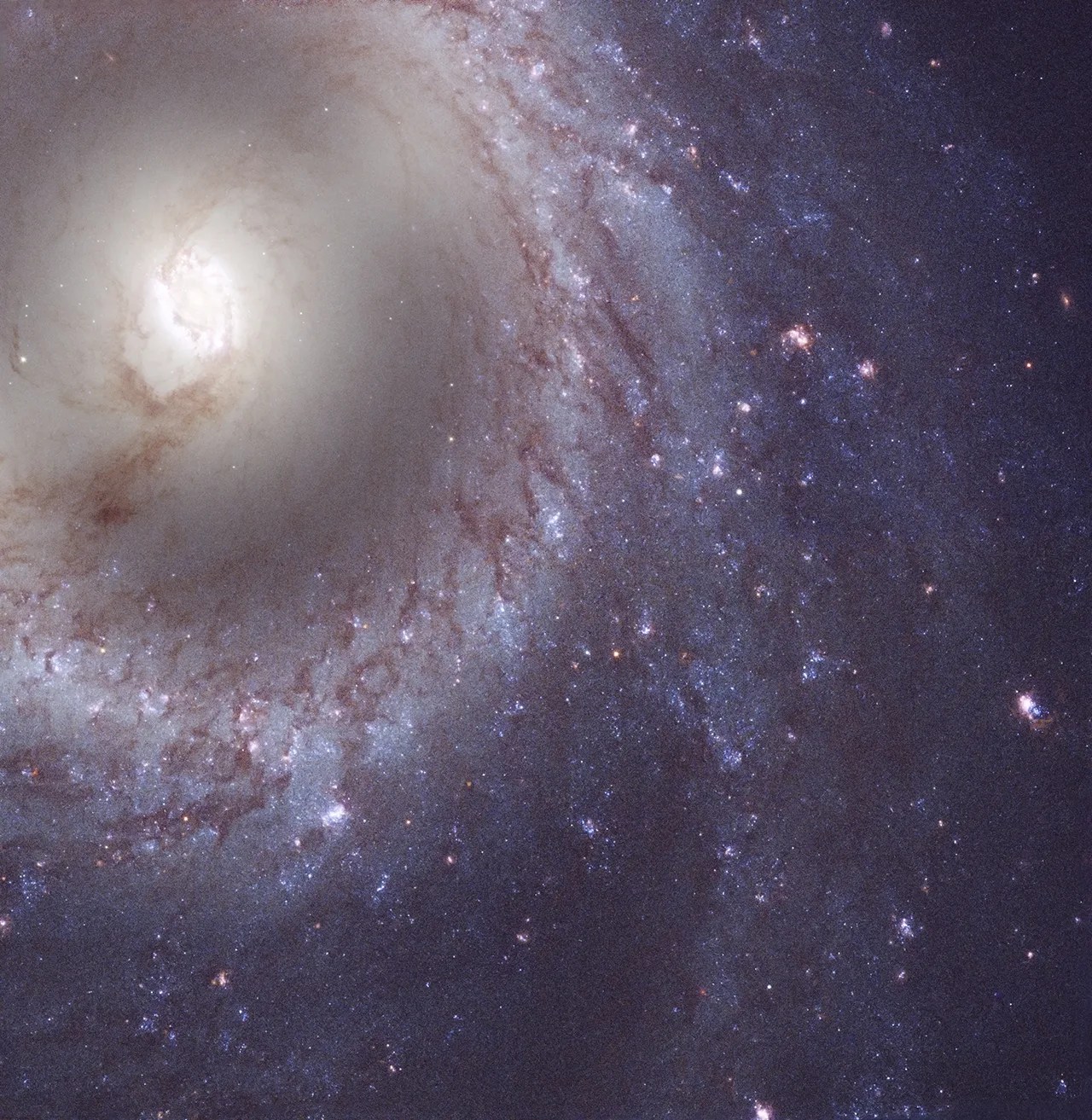 Near the top left, a bright galaxy core shines, surrounded by spiral arms with dark dust and purple-white regions of star formation.