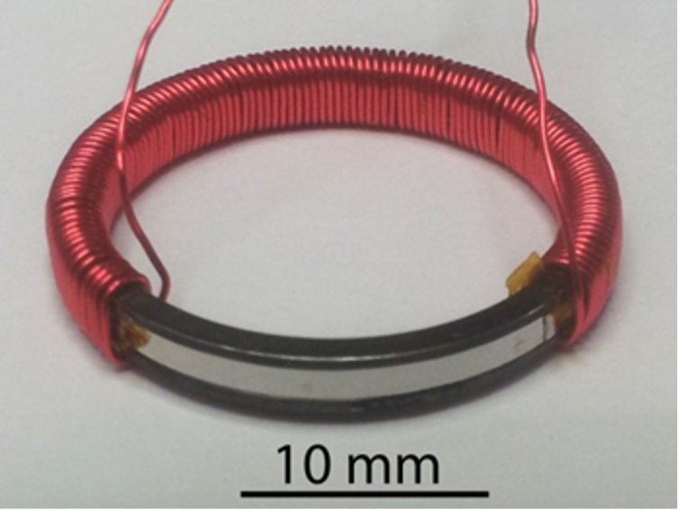 Photograph of red coiled wire around a black ring with a 10 mm scale drawn below it.