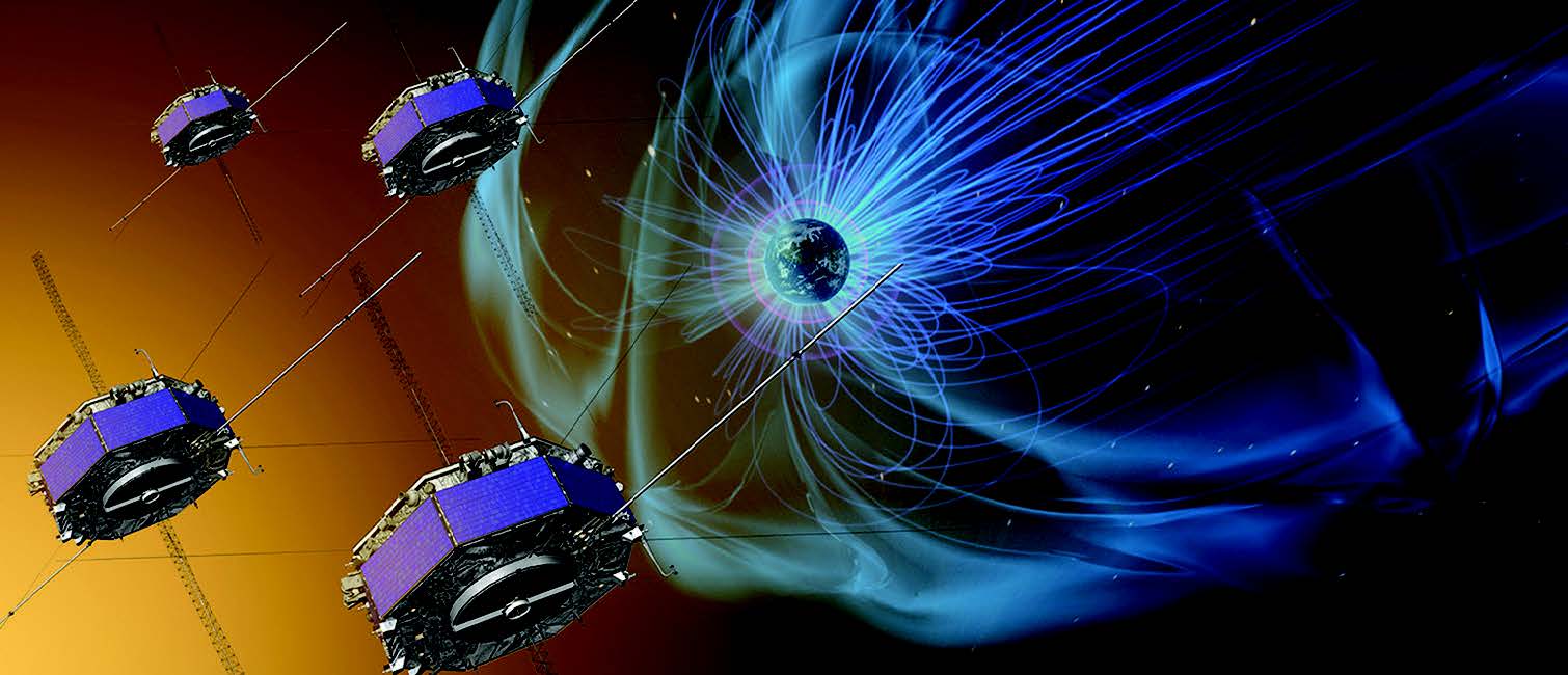Artist concept of mission spacecraft flying through magnetic fields around earth